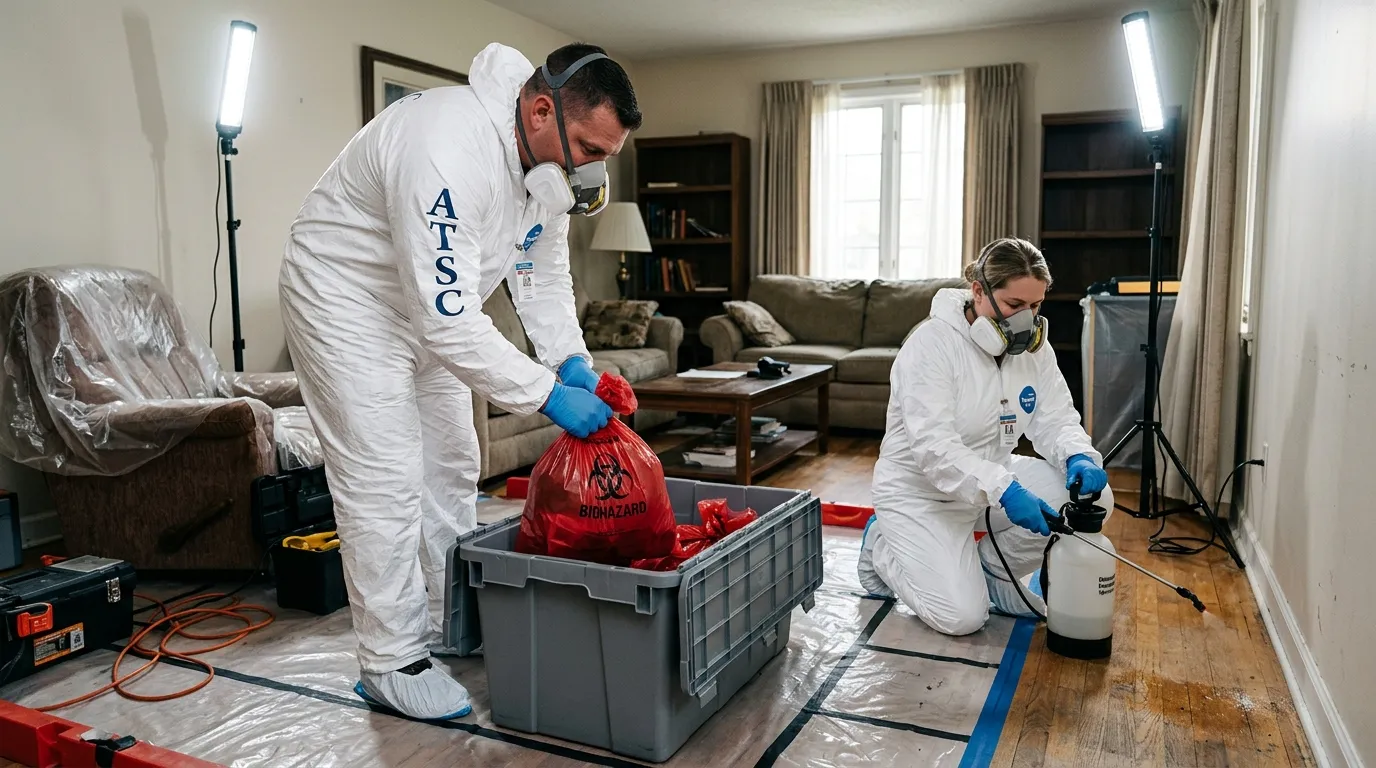 Professional Biohazard Cleanup technician in full PPE working in Ladera Ranch
